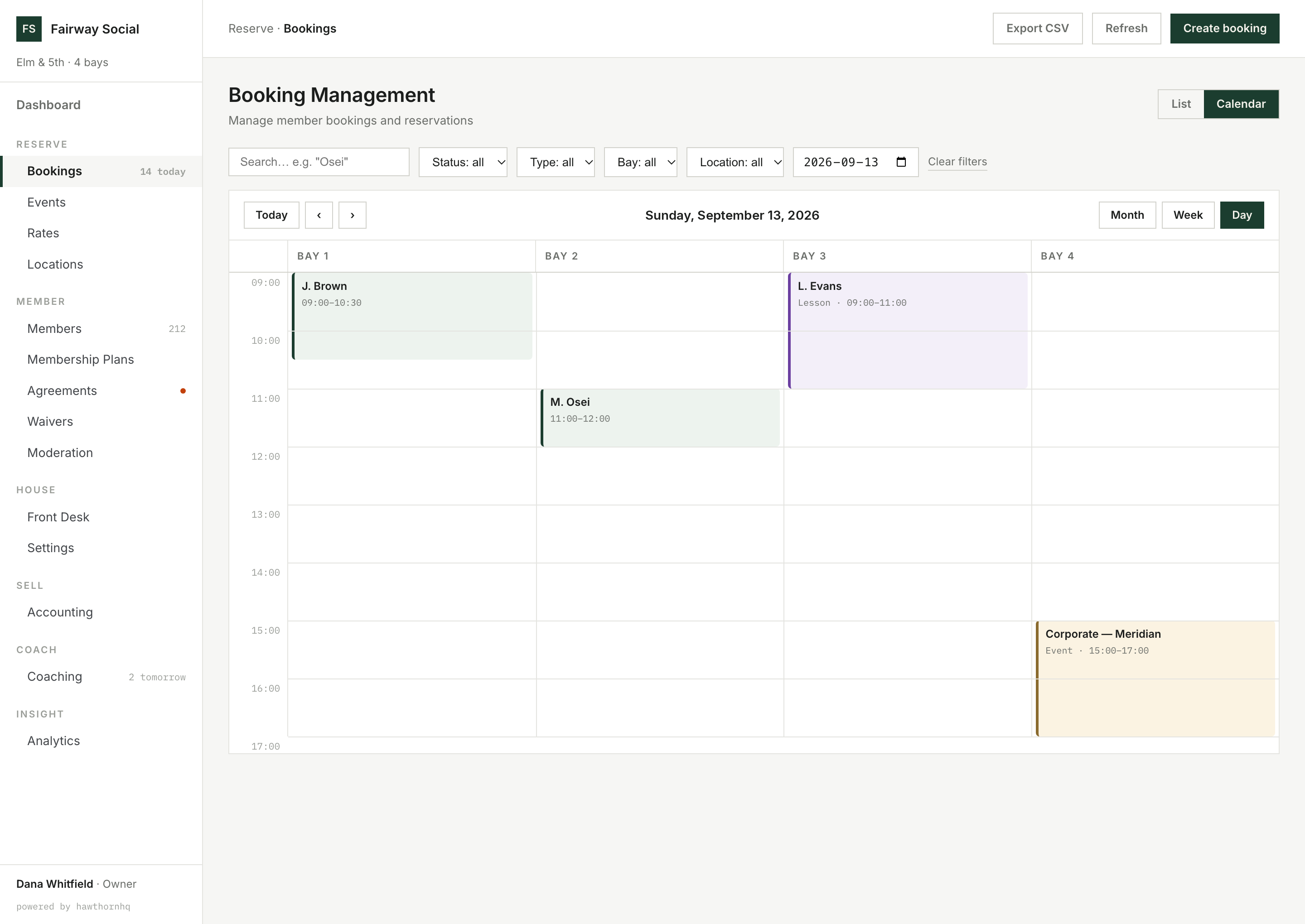HawthornHQ bookings calendar in Day view: four bay columns with lesson, booking and event blocks