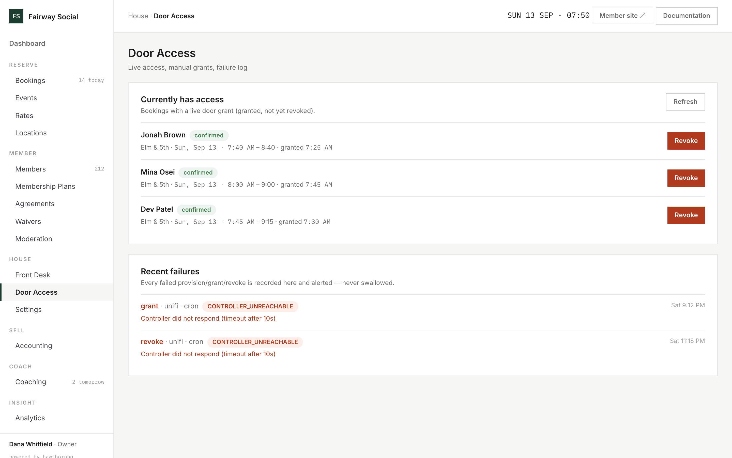 HawthornHQ door access: bookings with a live door grant and a log of recent failures