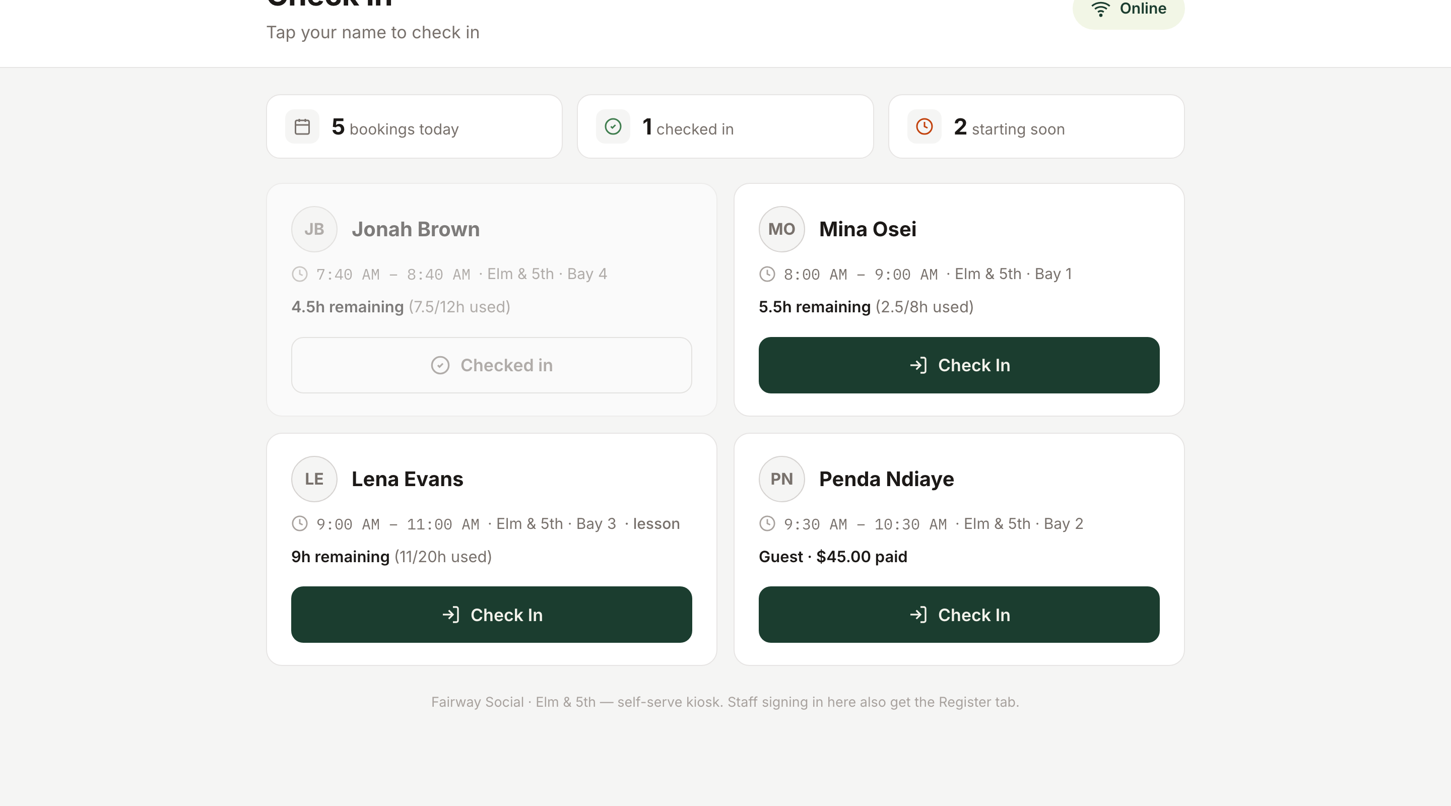 HawthornHQ kiosk check-in: arrival cards with member name, time, bay, remaining hours and a large Check In button