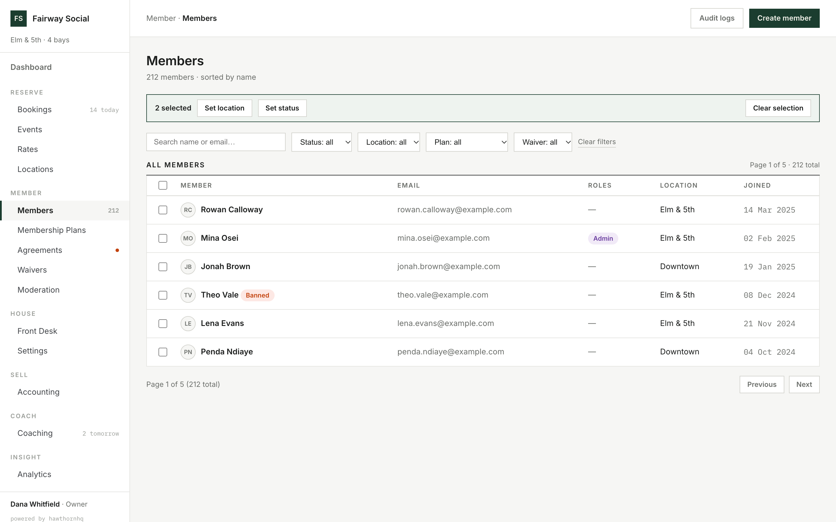 HawthornHQ members list: names, emails, roles, home locations, with status filters