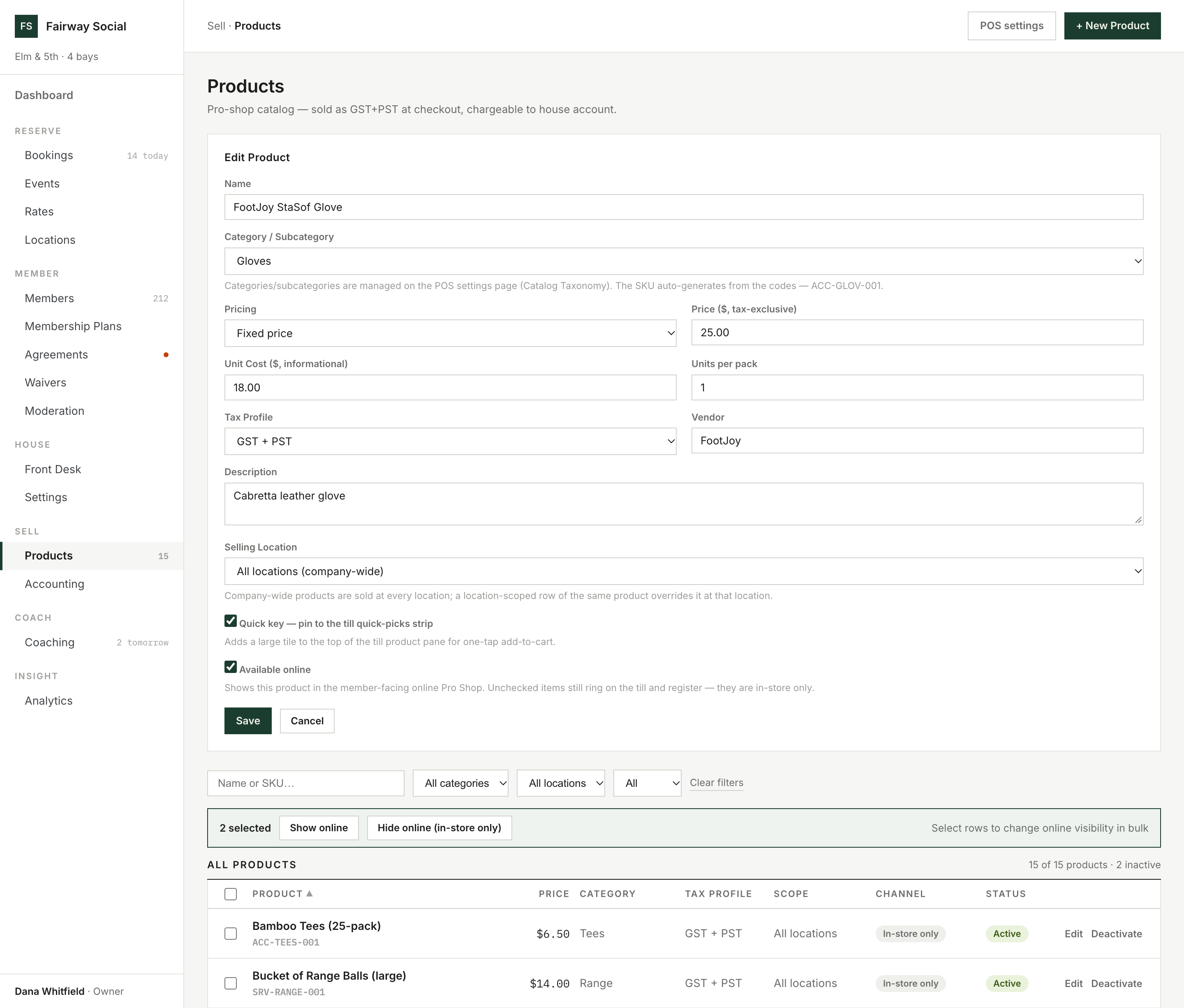 HawthornHQ product editor: category, tax-exclusive price, tax profile, quick key and online availability