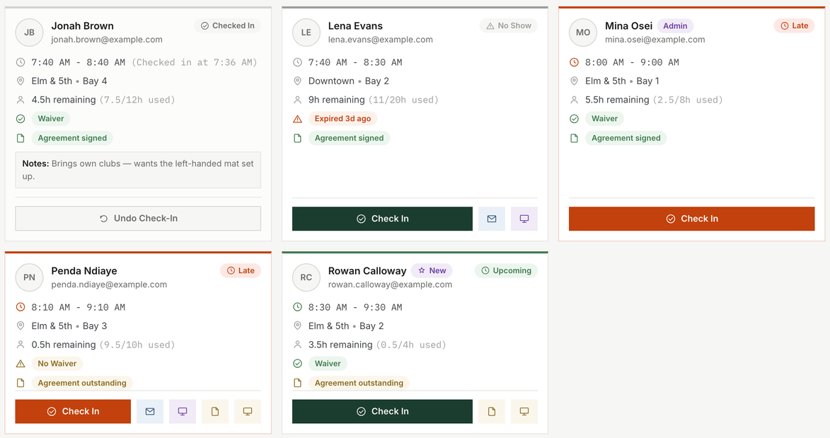 Arrival cards with check-in state, hours remaining, waiver status